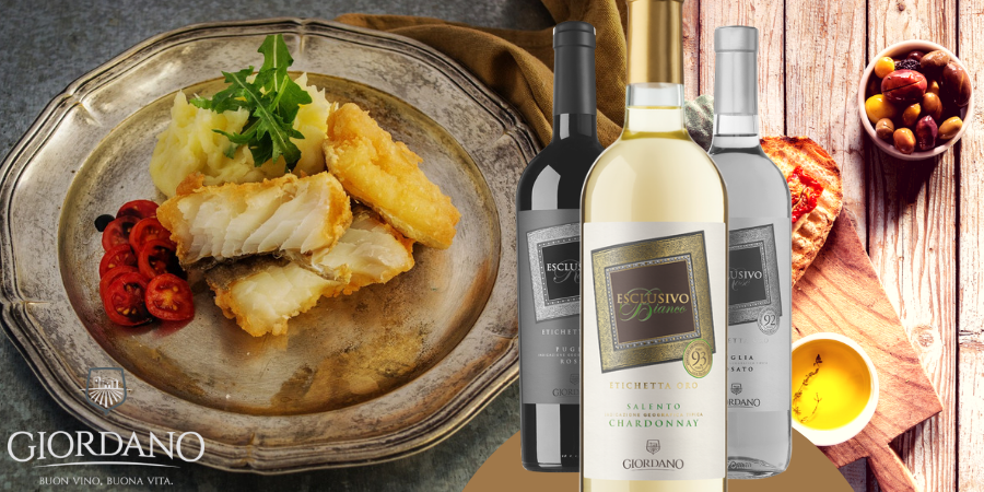 Esclusivo Etichetta Oro Chardonnay Salento IGT e... Baccalà alla Romana in pastella Esclusivo Etichetta Oro Chardonnay Salento IGT e... Baccalà alla Romana in pastella