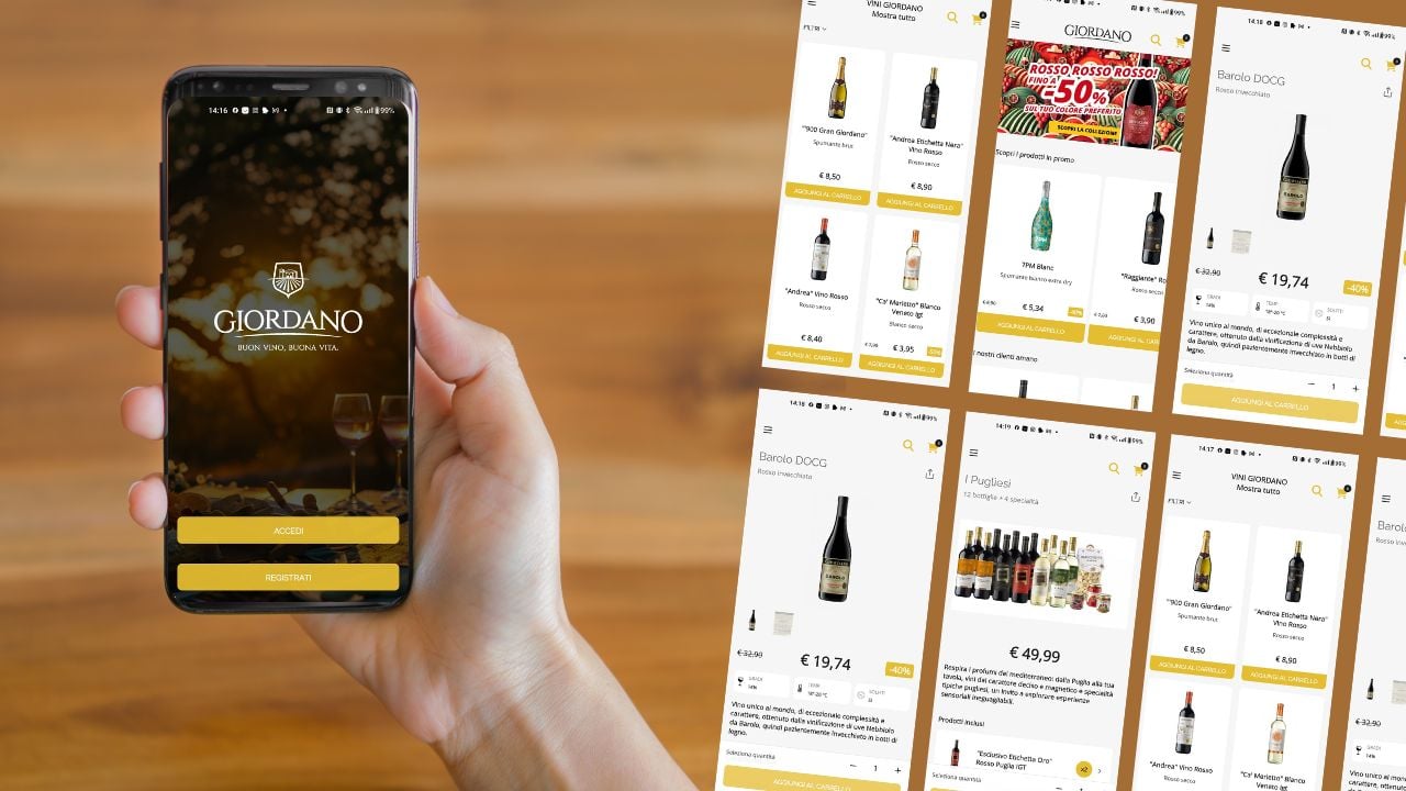 Schermata dell�App Giordano Vini che mostra le selezioni di vini disponibili