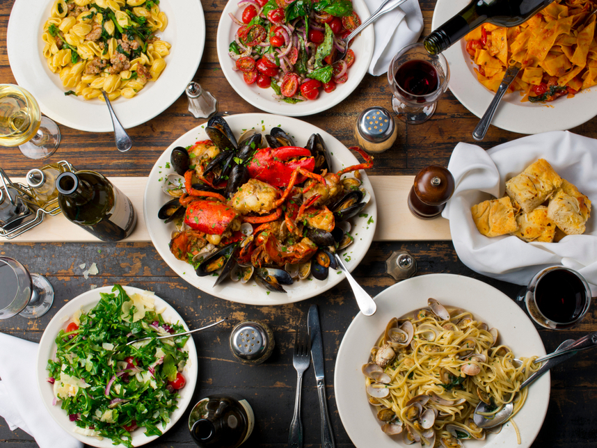 primi piatti con carne pesce e verdure in inverno e vino